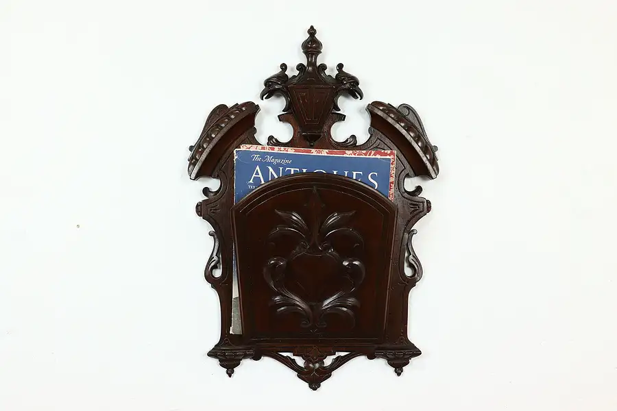 Main image of Victorian Antique Carved Walnut Wall Pocket or Hanging Magazine Rack