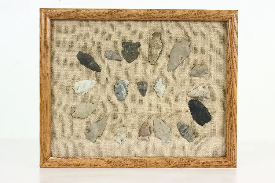 Main image of Group of 18 Antique Stone Native American Points, Arrowheads & Shadowbox