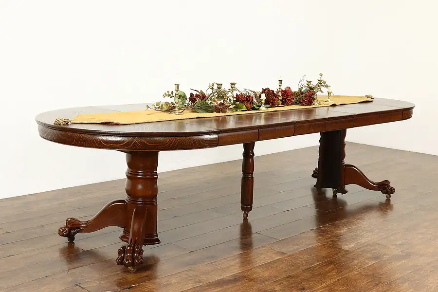 Main image of Empire Antique 48" Round Oak Dining Table, 6 Leaves Extends 10', Paw Feet