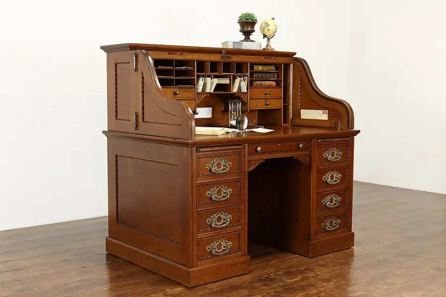 Main image of Victorian Antique Oak S Roll Top Office or Library Desk, Derby Boston