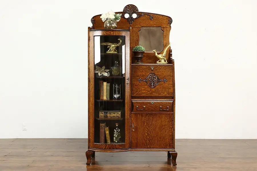 Main image of Victorian Antique Oak Side by Side Secretary Desk & Bookcase Curved Glass