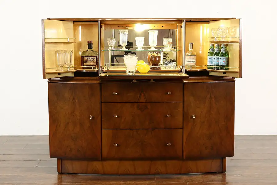 Main image of Midcentury Modern Vintage English Walnut Burl Bar Cabinet, Beautility