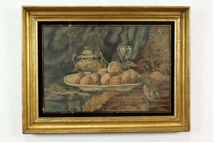 Main image of Still Life & Fruit Antique Original Needlework & Watercolor Painting 31"