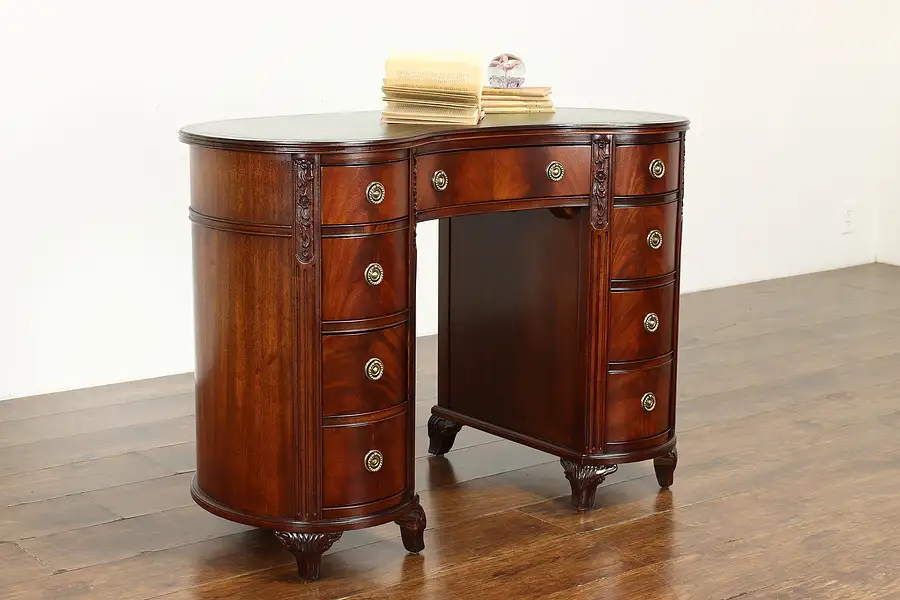 Main image of Traditional Georgian Mahogany Vintage Kidney Shape Desk, Leather Top