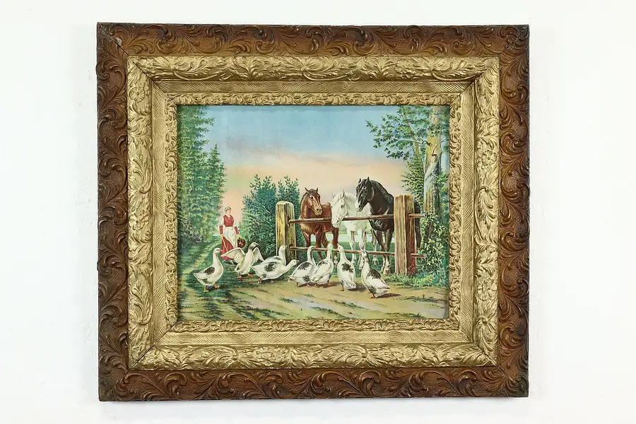 Main image of Victorian Antique Horses & Geese on a Farm Print, Original Frame 30.5"