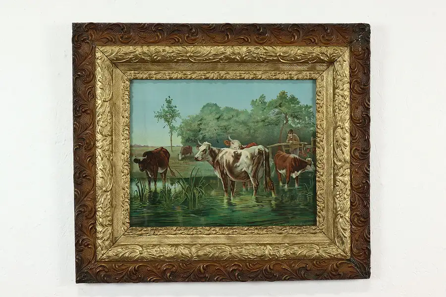 Main image of Victorian Period Antique Cows Grazing in River Print Original Frame 30.5"