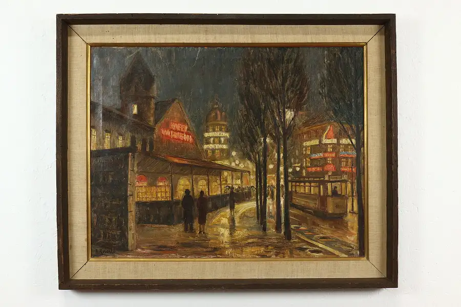 Main image of Berlin Evening Street Scene Vintage Original Oil Painting, Roberti 37.5"