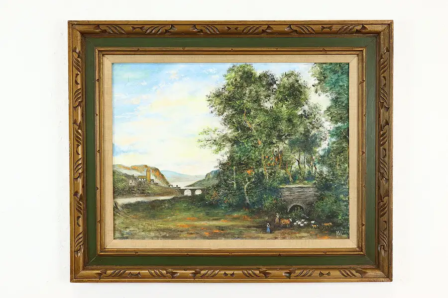 Main image of Landscape with Shepherdesses & Animals Vintage Original Oil Painting, 32"