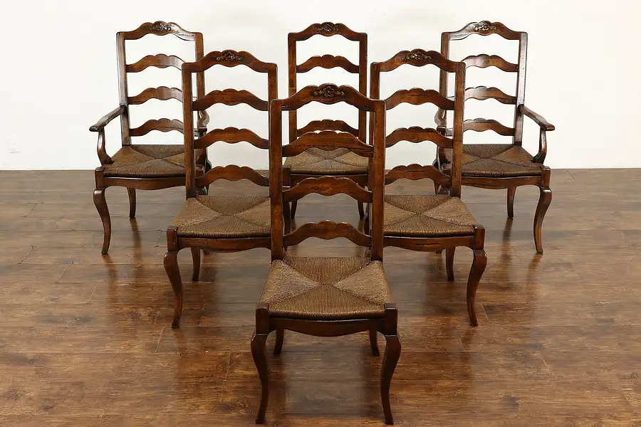 Main image of Set of 6 Antique Country French Farmhouse Fruitwood Rush Dining Chairs