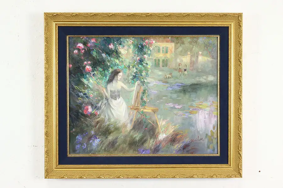 Main image of The Garden Easel Vintage Original Oil Painting, Hailan Gong 25"