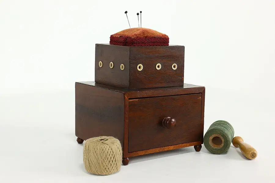 Main image of Victorian Antique Mahogany Sewing Caddy, Jewelry Drawer & Pin Cushion