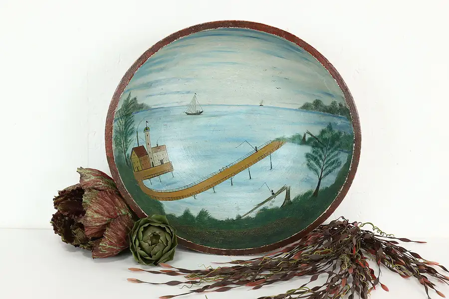 Main image of Farmhouse Antique 17" Wooden Dough Bowl, Hand Painted Folk Art Lake Scene