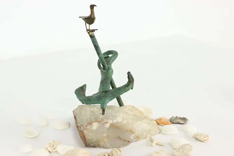 Main image of Verdigris Iron Anchor & Seagull on Quartz Base Vintage Sculpture