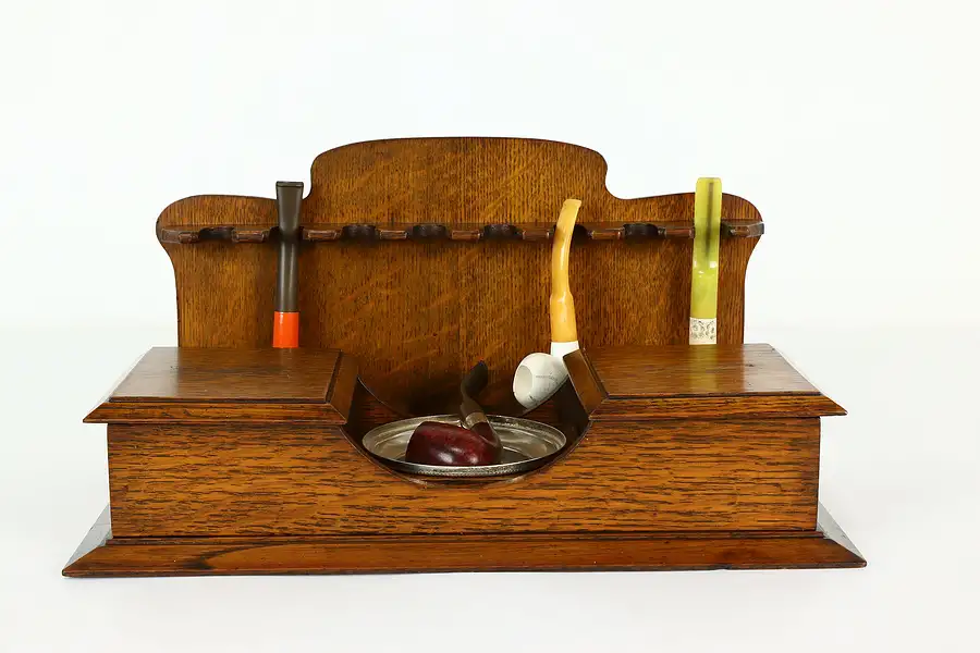 Main image of English Antique Oak Smoking Set, 4 Pipes Incl Meerschaum Head & Ashtray