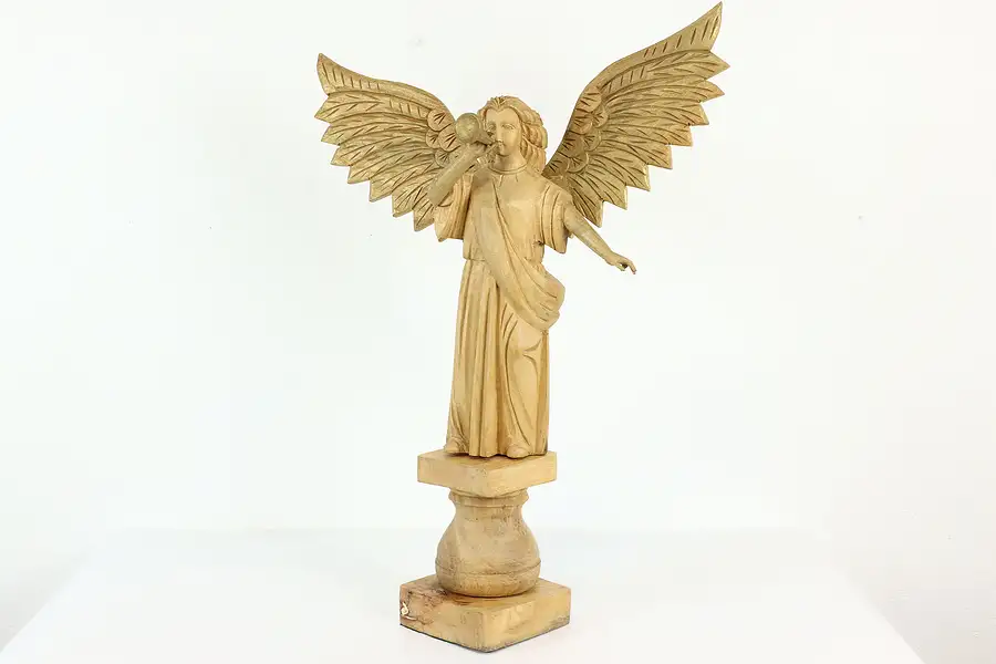 Main image of Angel with Trumpet Vintage Carved Teak Sculpture, Pedestal Base