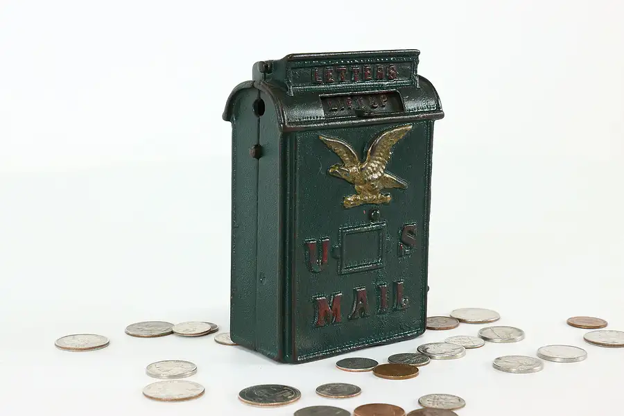 Main image of Cast Iron Antique US Mail Mailbox Coin Bank Pat 1887