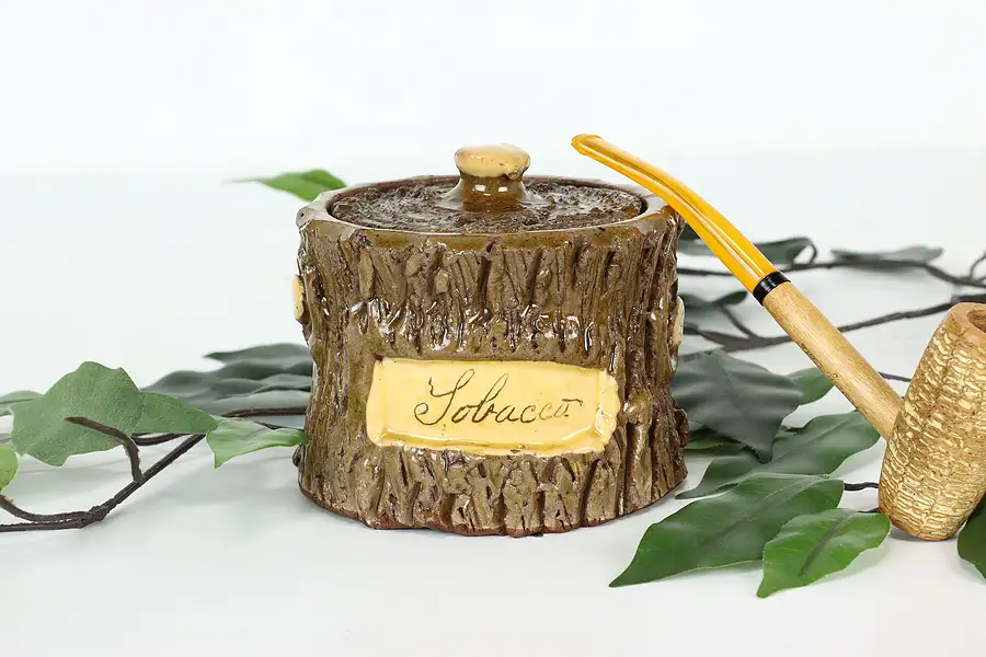 Main image of Folk Art Antique Ceramic Tree Trunk Tobacco Canister, Storage Jar