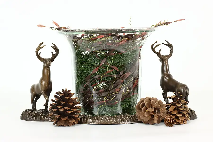 Main image of Farmhouse Vintage Bronze Deer Sculpture Centerpiece & Glass Vase