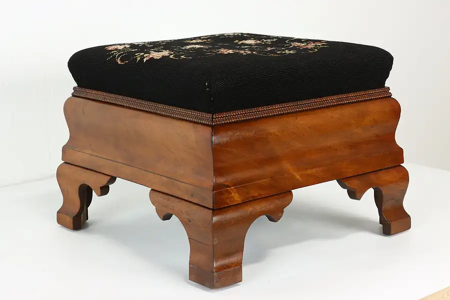 Main image of Empire Antique Carved Flame Mahogany Needlepoint Footstool