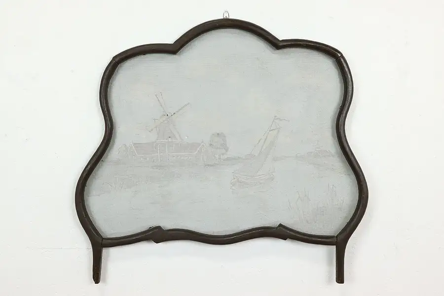 Main image of Farmhouse Folk Art Vintage Fireplace Screen, Sailboat & Windmill