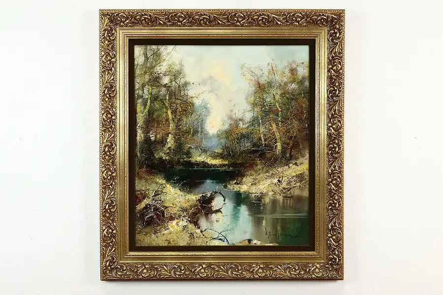 Main image of Autumn Forest & River Landscape Vintage Original Oil Painting, 41"