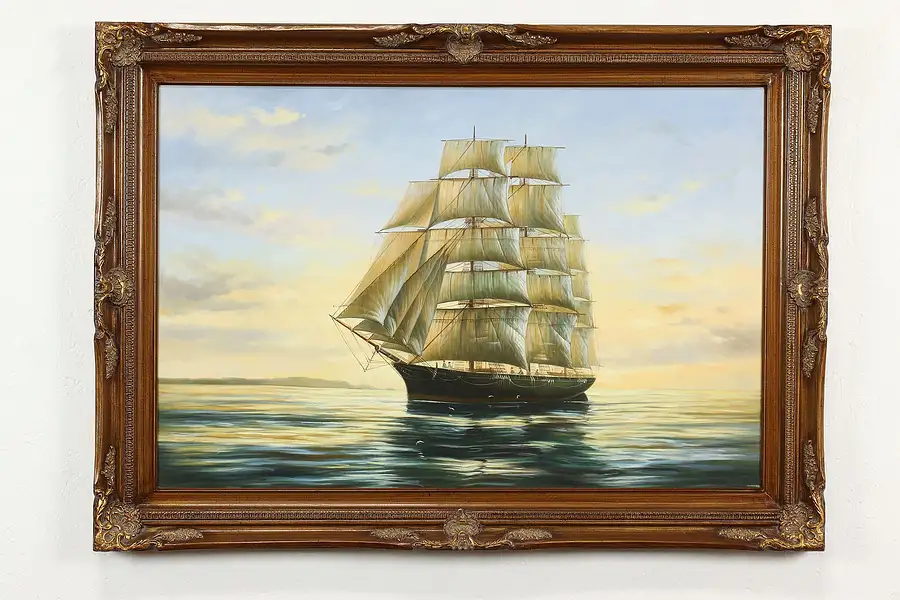 Main image of Clipper Ship at Sea Vintage Original Oil Painting, Gold Frame 43"