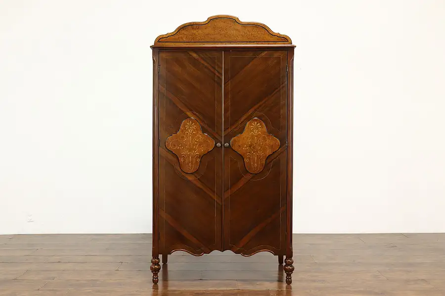 Main image of Art Deco Vintage Walnut & Birdseye Maple Armoire Chifferobe, Cedar Closet