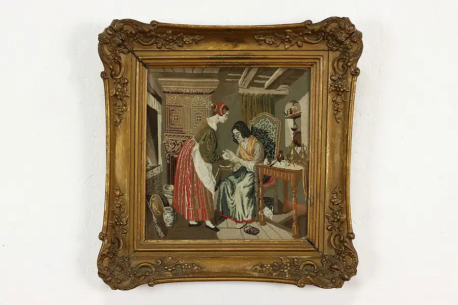 Main image of Women in Parlor Antique 1820s Hand Stitched Petit Point Tapestry 16.5"