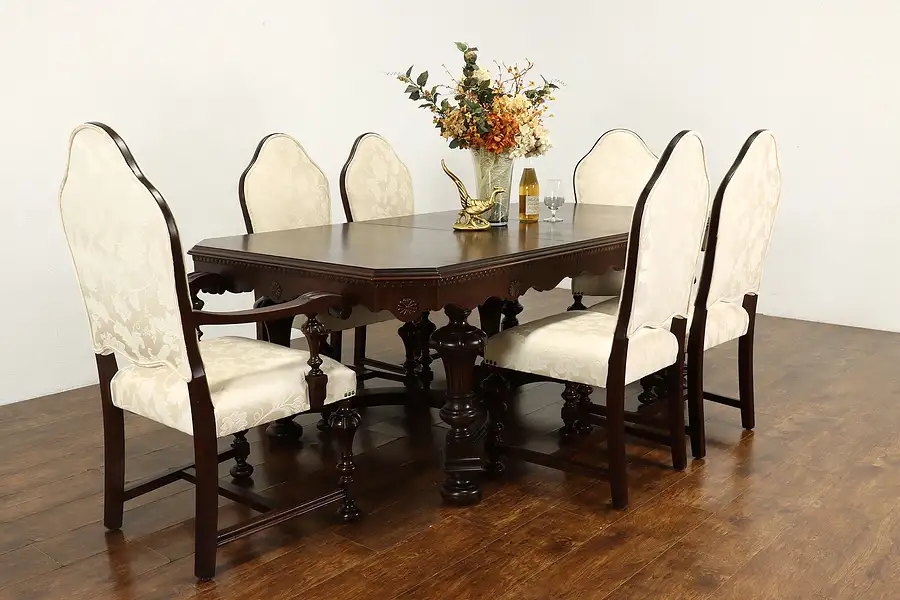 Main image of Tudor Antique Carved Walnut Dining Set, Table & Leaf, 6 Chairs, Rockford