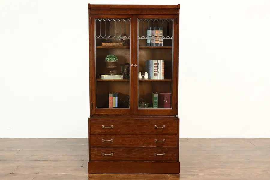 Main image of Arts & Crafts Mission Oak Antique Bookcase, Display Cabinet, Leaded Glass