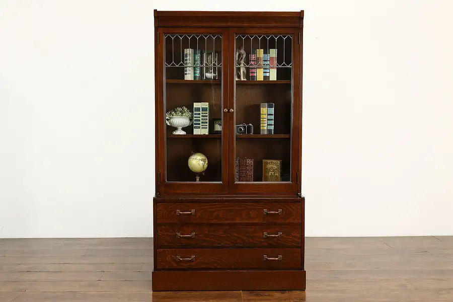 Main image of Arts & Crafts Mission Oak Antique Bookcase, Display Cabinet, Leaded Glass