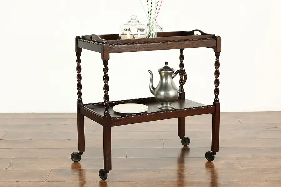 Main image of Arts & Crafts Mission Oak Antique Rolling Bar or Tea Cart, Serving Tray