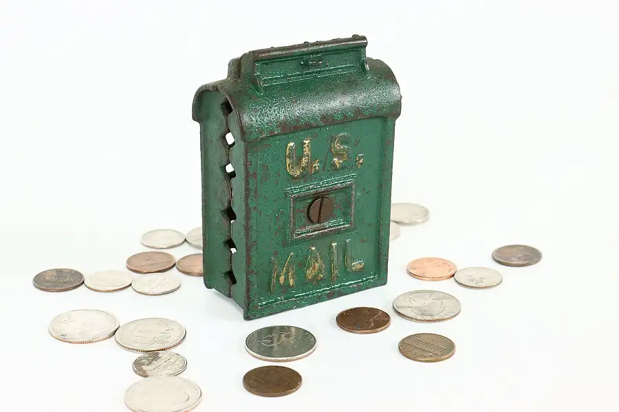 Main image of Cast Iron Antique US Mail Mailbox Coin Bank, Original Paint