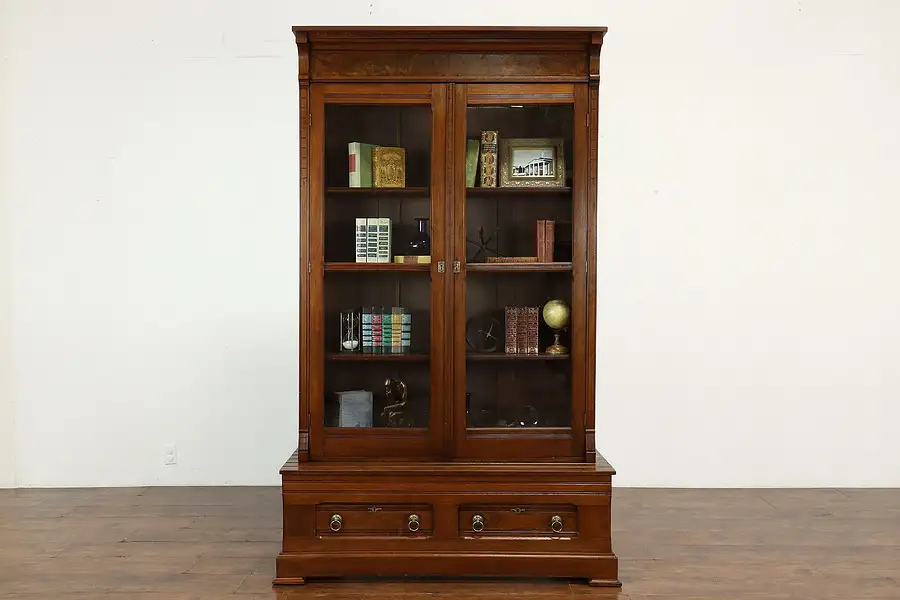 Main image of Victorian Eastlake Antique Walnut & Burl Office or Library Bookcase