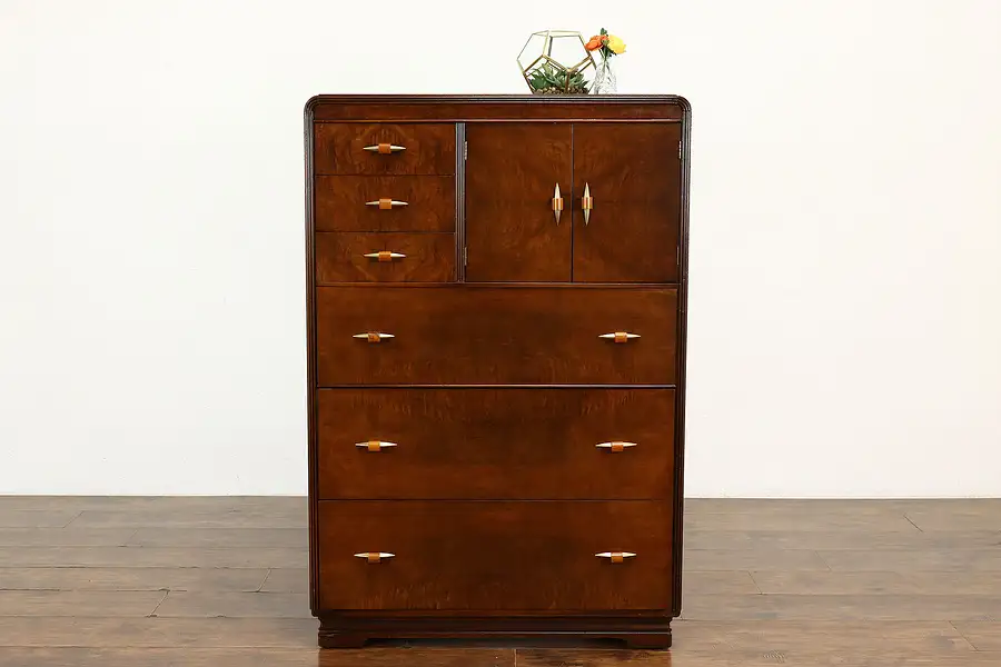 Main image of Art Deco Waterfall Vintage Highboy or Tall Chest, Bakelite Pulls