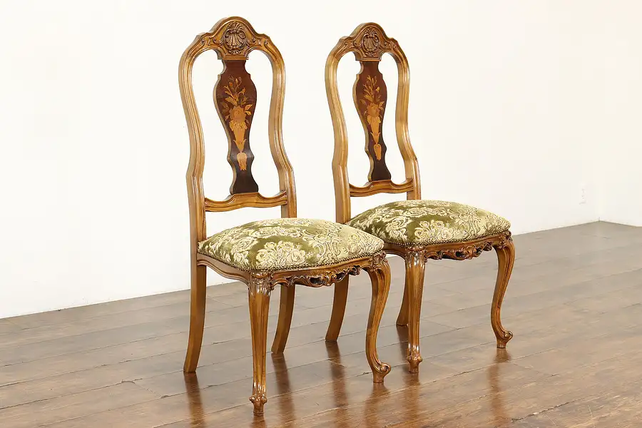 Main image of Pair of Antique Carved Italian Marquetry Hall, Occasional, Dining Chairs