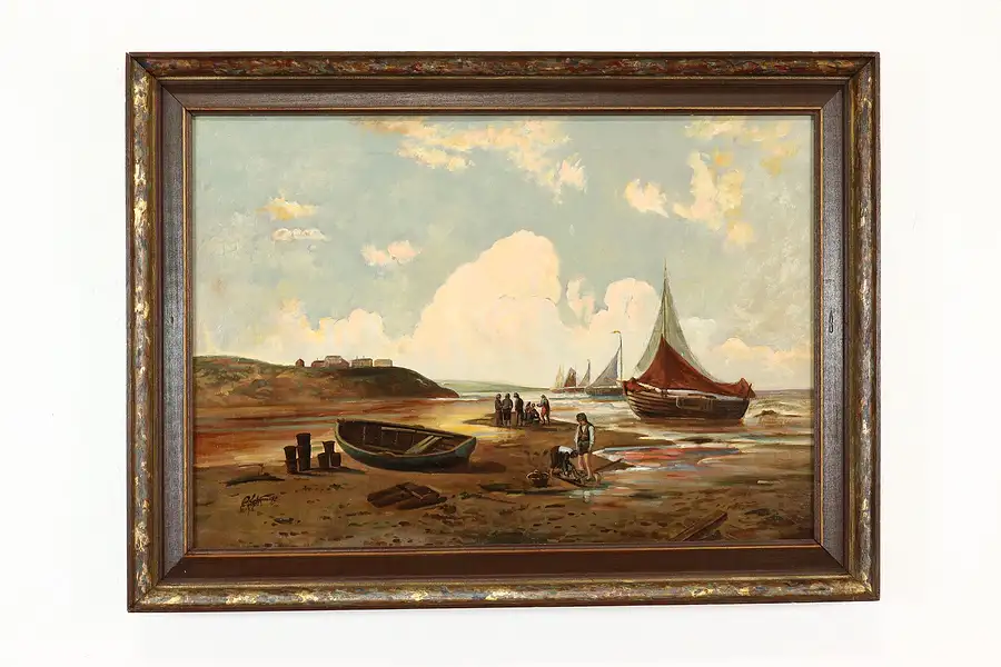 Main image of Beach Scene with Children Antique Original Oil Painting Signed 31.5"