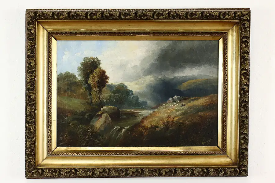 Main image of British Highland Waterfall Antique Original Oil Painting, Griffiths 41"