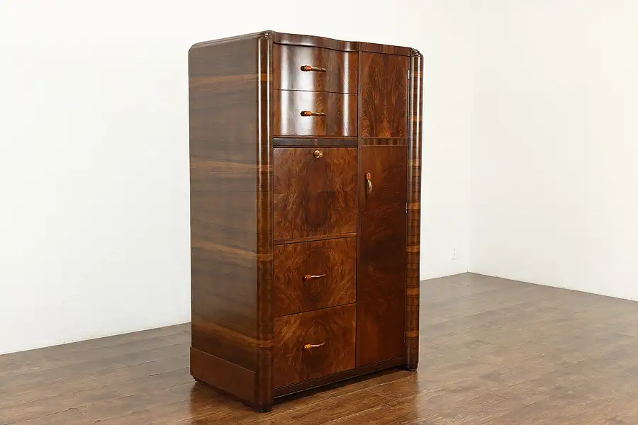 Main image of Art Deco Vintage Waterfall Chifferobe Armoire Cedar Closet & Desk