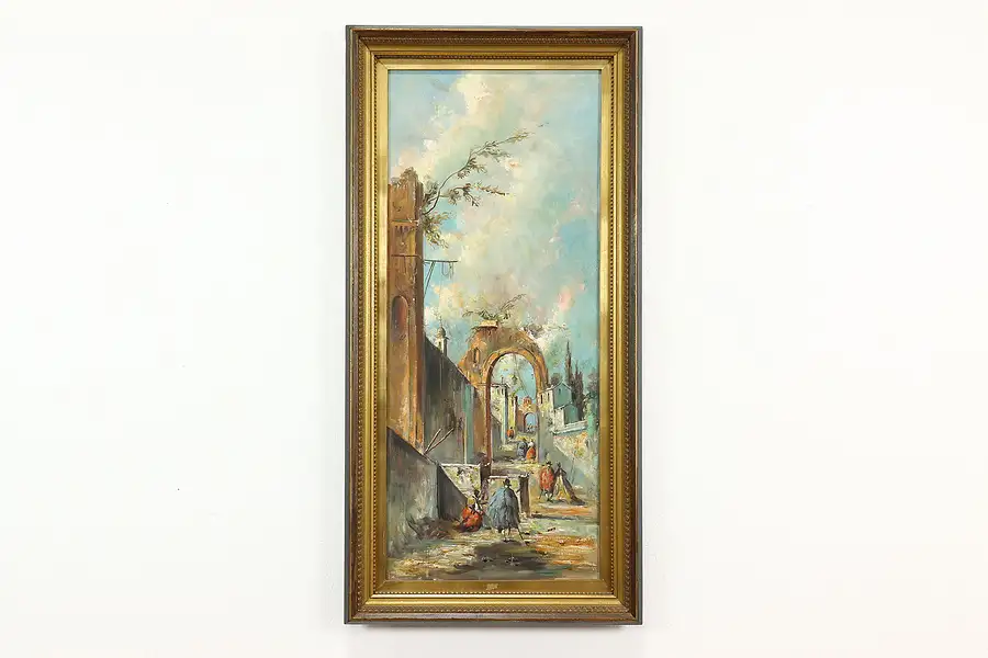 Main image of Italian Street Scene & Ruins Vintage Original Oil Painting, 55"