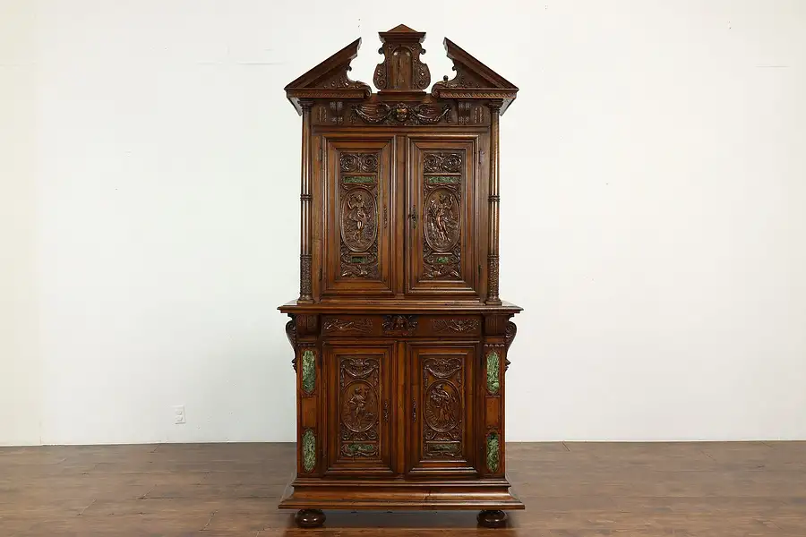 Main image of Italian Renaissance Antique Carved Walnut Cupboard, Cabinet, Marble Inlay