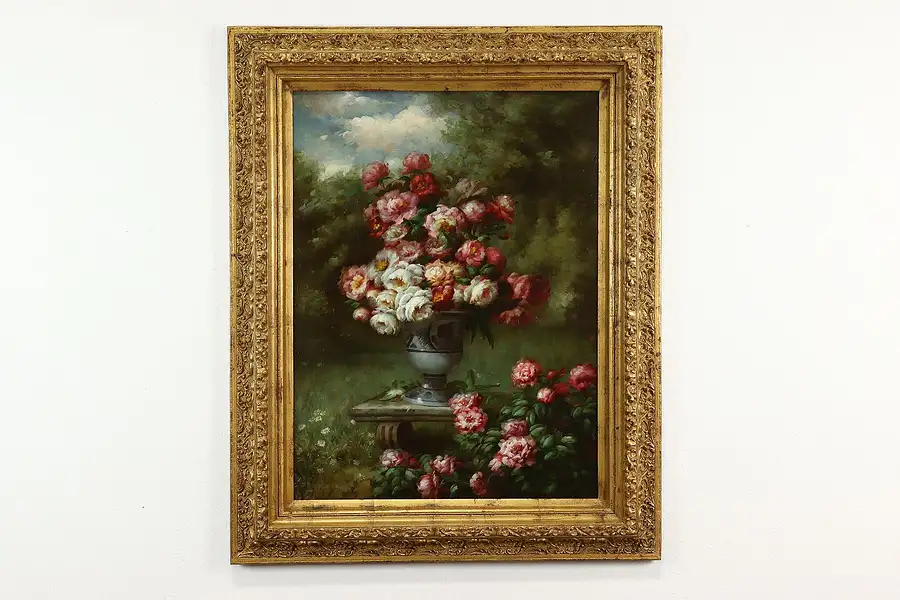 Main image of Still Life with Flowers Original Vintage Oil Painting Colette 52"