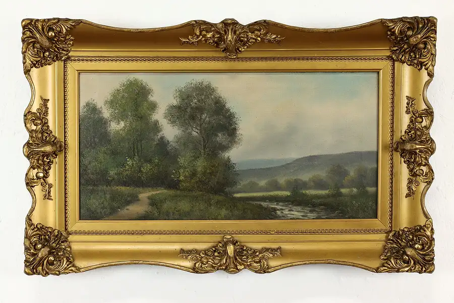 Main image of Victorian River Landscape Antique Original Oil Painting, Marvin 31.5"