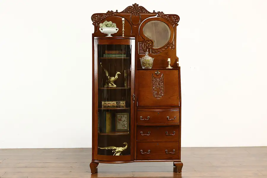 Main image of Victorian Antique Oak Side by Side Secretary Desk & Bookcase Curved Glass