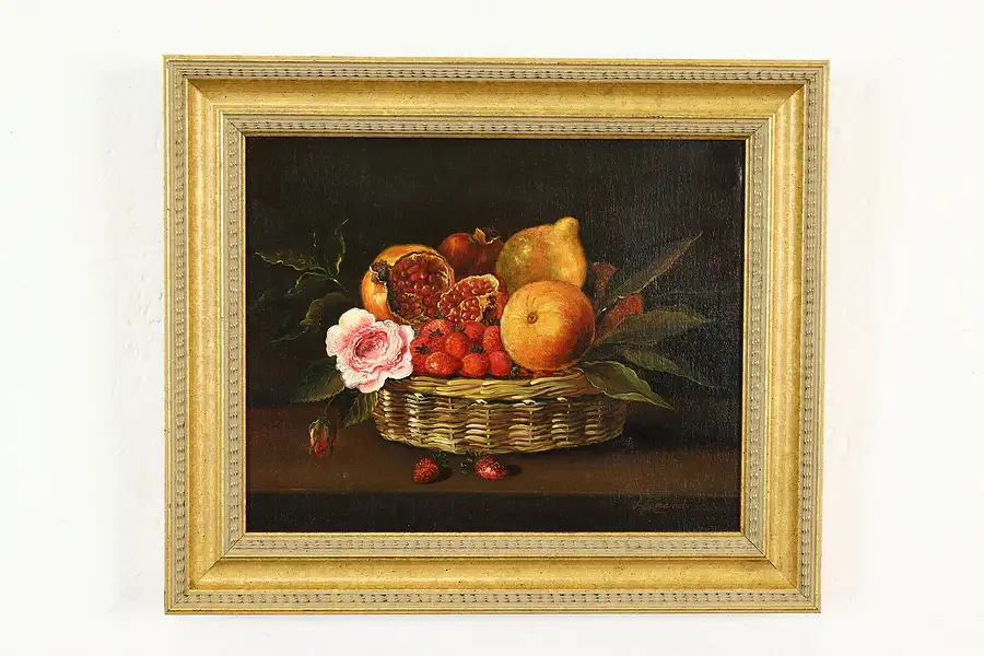 Main image of Still Life of Fruit Basket Vintage Original Oil Painting, Leonard 13"