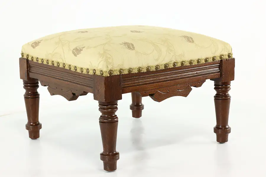 Main image of Victorian Eastlake Antique Carved Walnut Footstool, New Upholstery