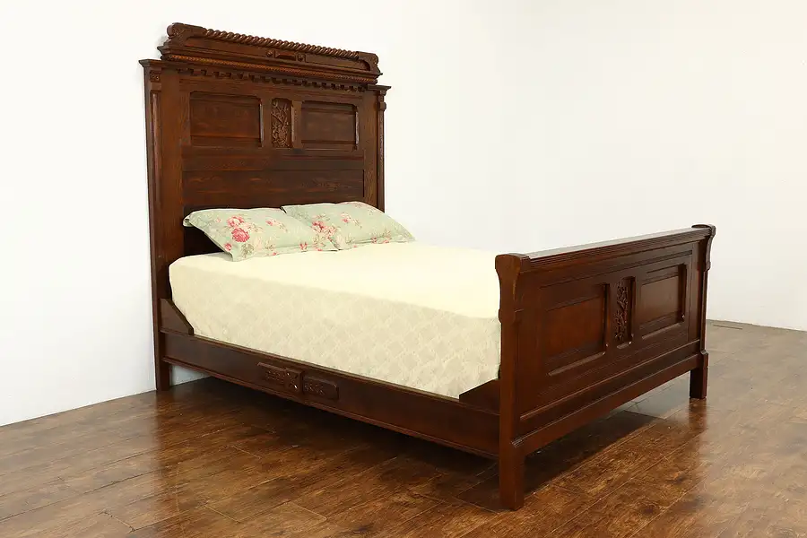 Main image of Victorian Eastlake Antique Carved Queen Size Bed, Carved Squirrels