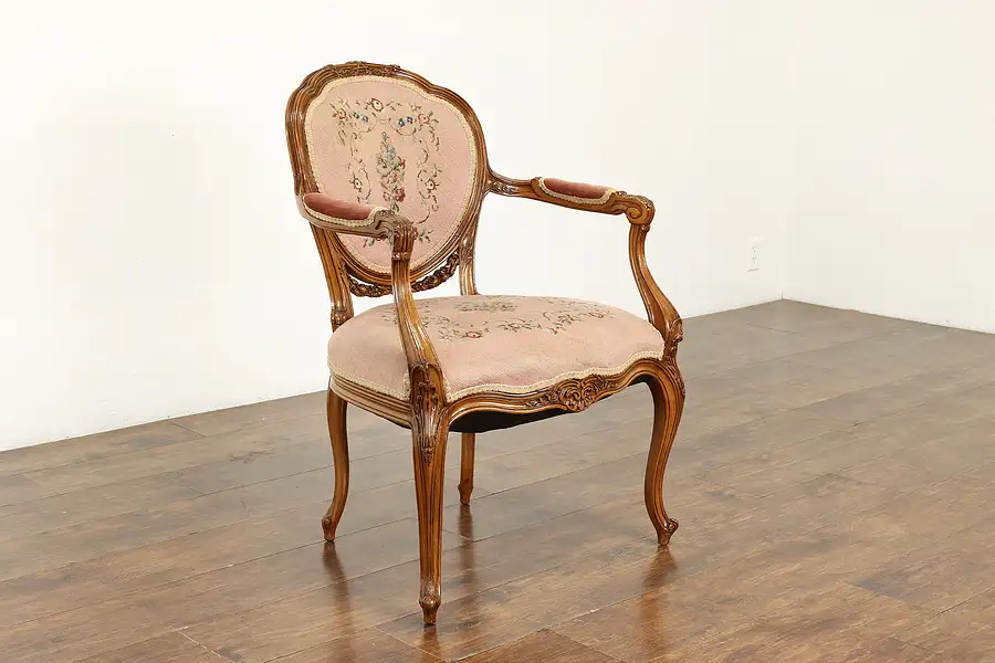 Main image of French Style Vintage Beech Chair, Needlepoint & Petit Point Upholstery