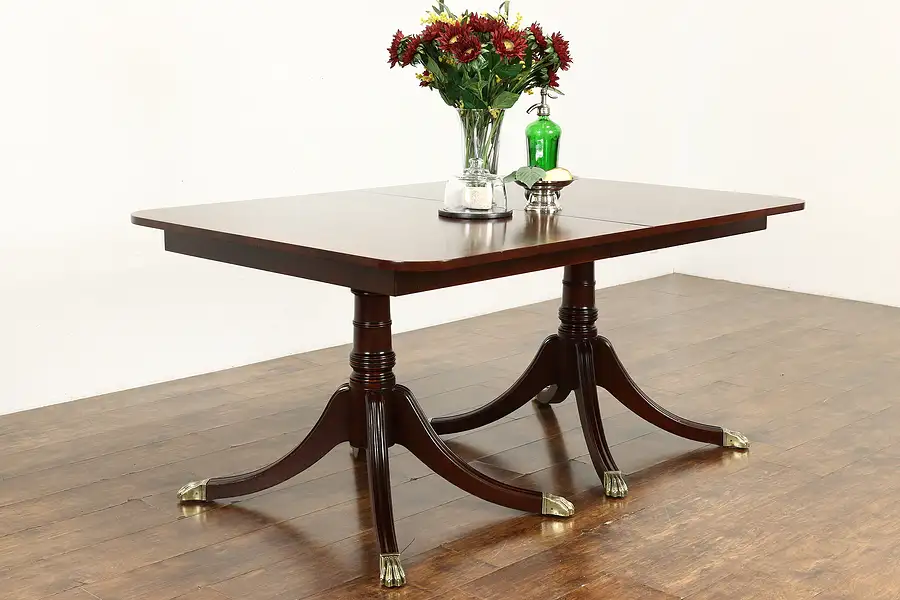 Main image of Traditional Vintage Banded Mahogany Dining Table, 3 Leaves Extends 8'