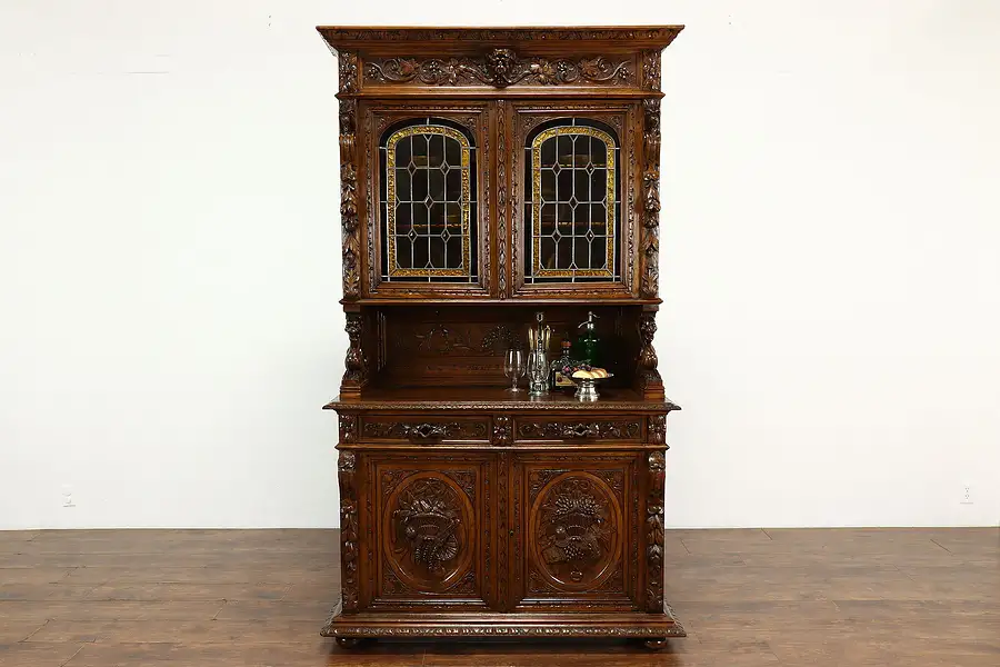 Main image of Black Forest Antique Oak Dowry Cabinet or Cupboard, Stained Glass, Lions